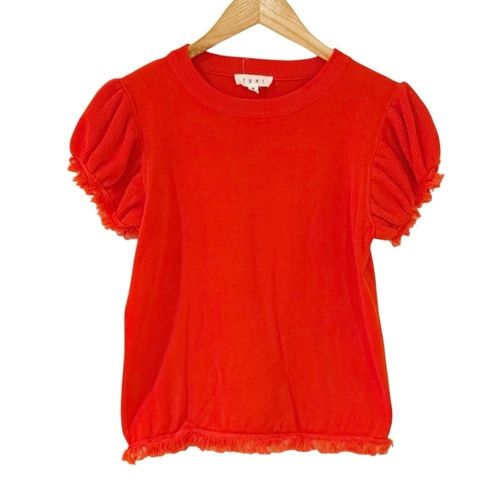 {THML} Orange Puff Sleeve Knit Top with Fringe M